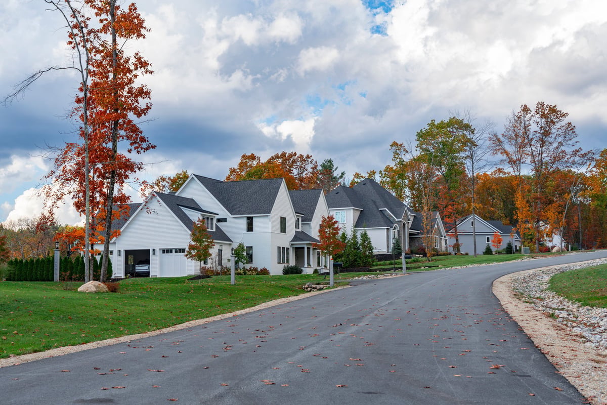 Picturesque residential district with autumnal tree colour